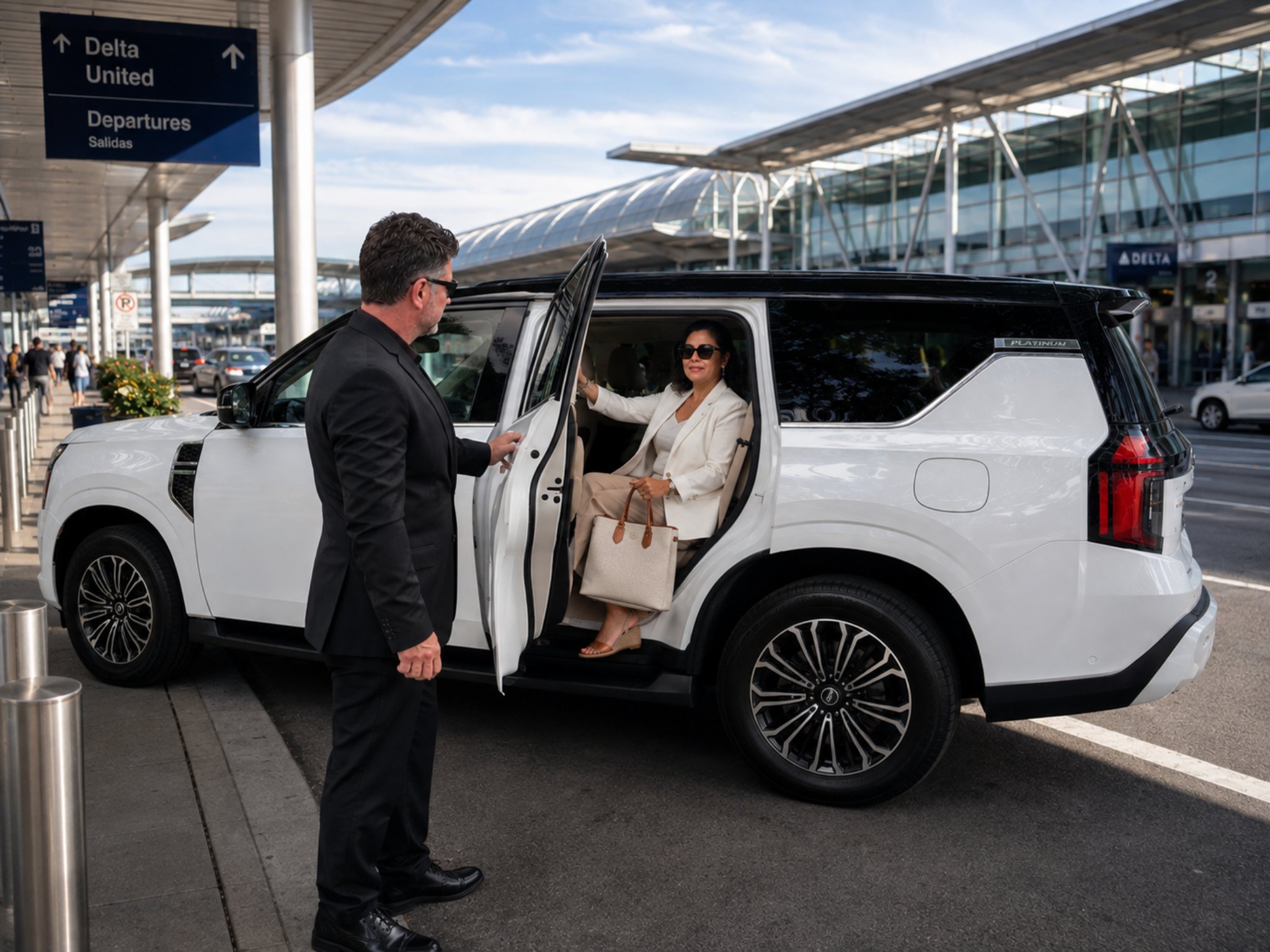 Antonio D’Armiento welcoming a traveler into the Black Tie Luxury Armada at the airport
