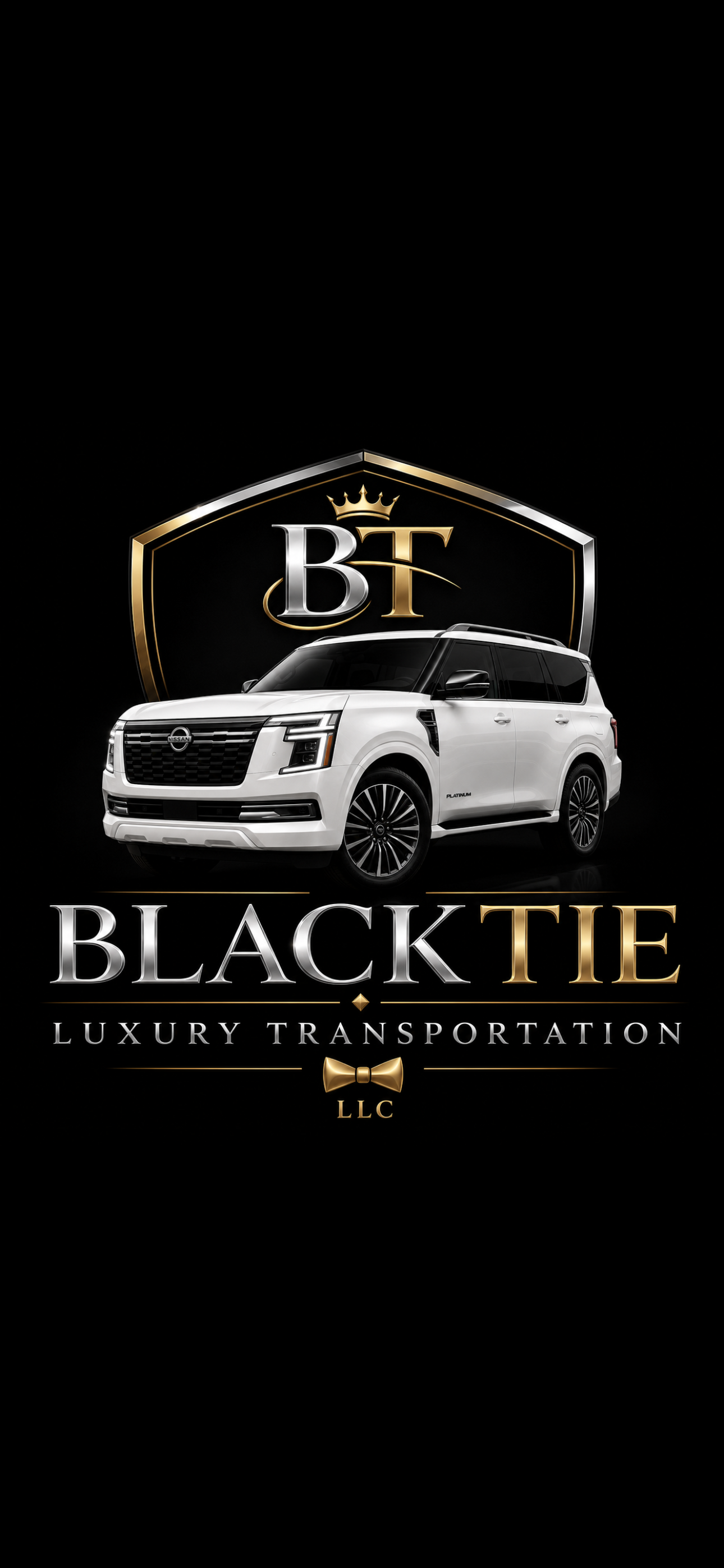 Black Tie Luxury Transportation logo featuring a white Nissan Armada Platinum